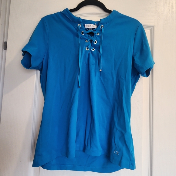 Calvin Klein Tops - Calvin Klein Blue Lace-Up Women's Blouse Size L Euc
